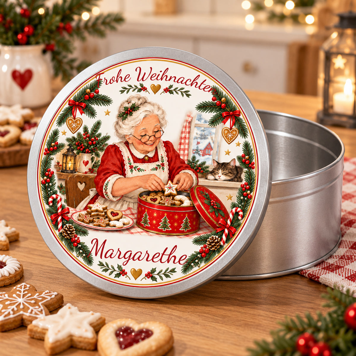 Offene personalisierte Weihnachtsoma-Keksdose, Motiv Keksdose füllen mit separat präsentiertem bedrucktem Deckel.