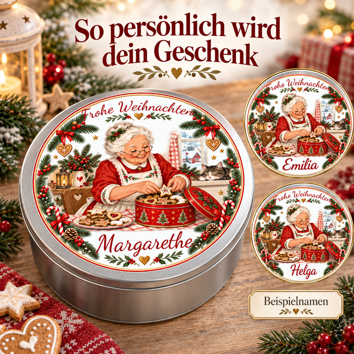 Personalisierungsbeispiele der Weihnachtsoma-Keksdose Keksdose füllen mit verschiedenen Wunschnamen.