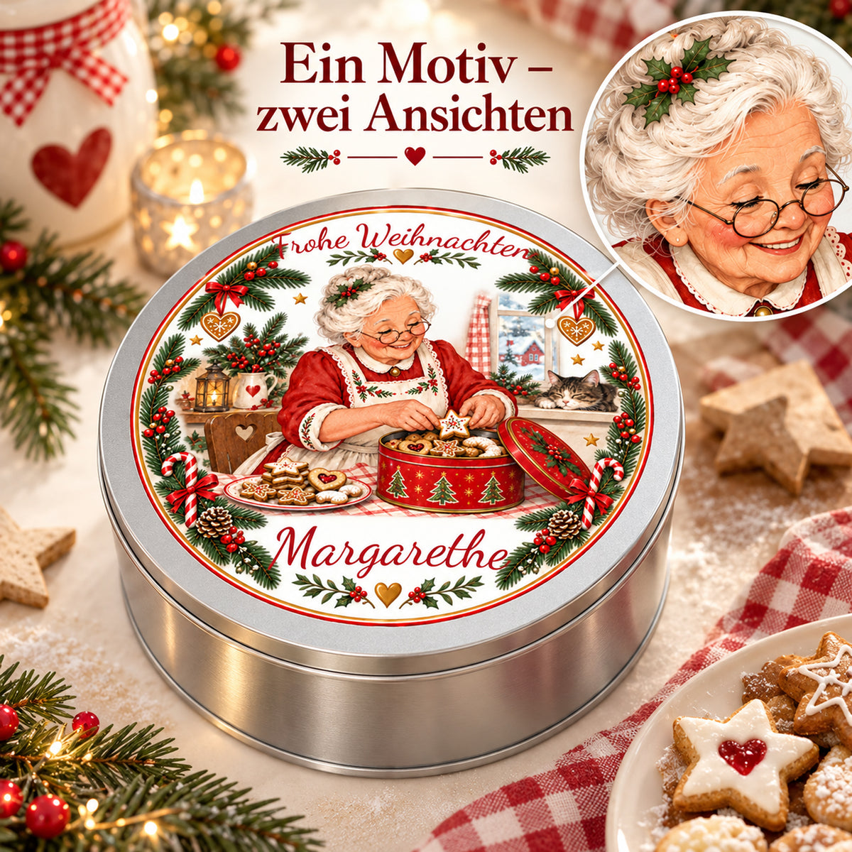 Weihnachtsoma-Keksdose Keksdose füllen mit einem Detailkreis, der das Oma-Motiv vergrößert zeigt.