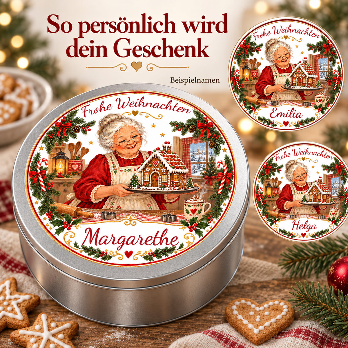 Personalisierungsbeispiele der Weihnachtsoma-Keksdose Lebkuchenhaus mit verschiedenen Wunschnamen.