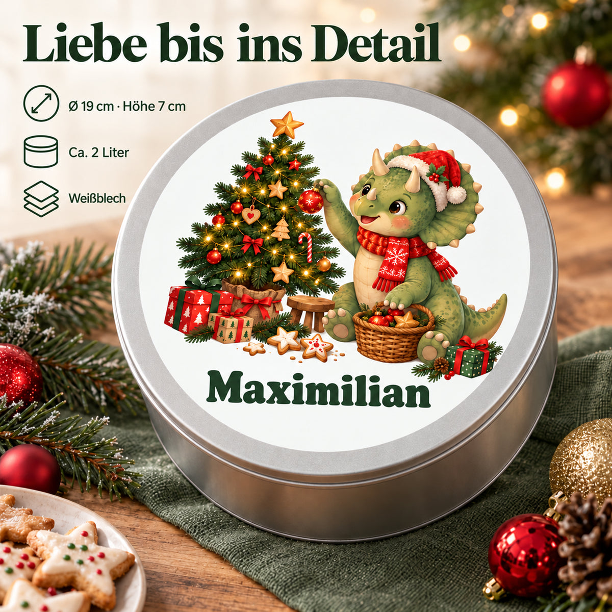 Personalisierte Weihnachtsdino-Keksdose – Baumschmücker, produktdetails mit größenangaben