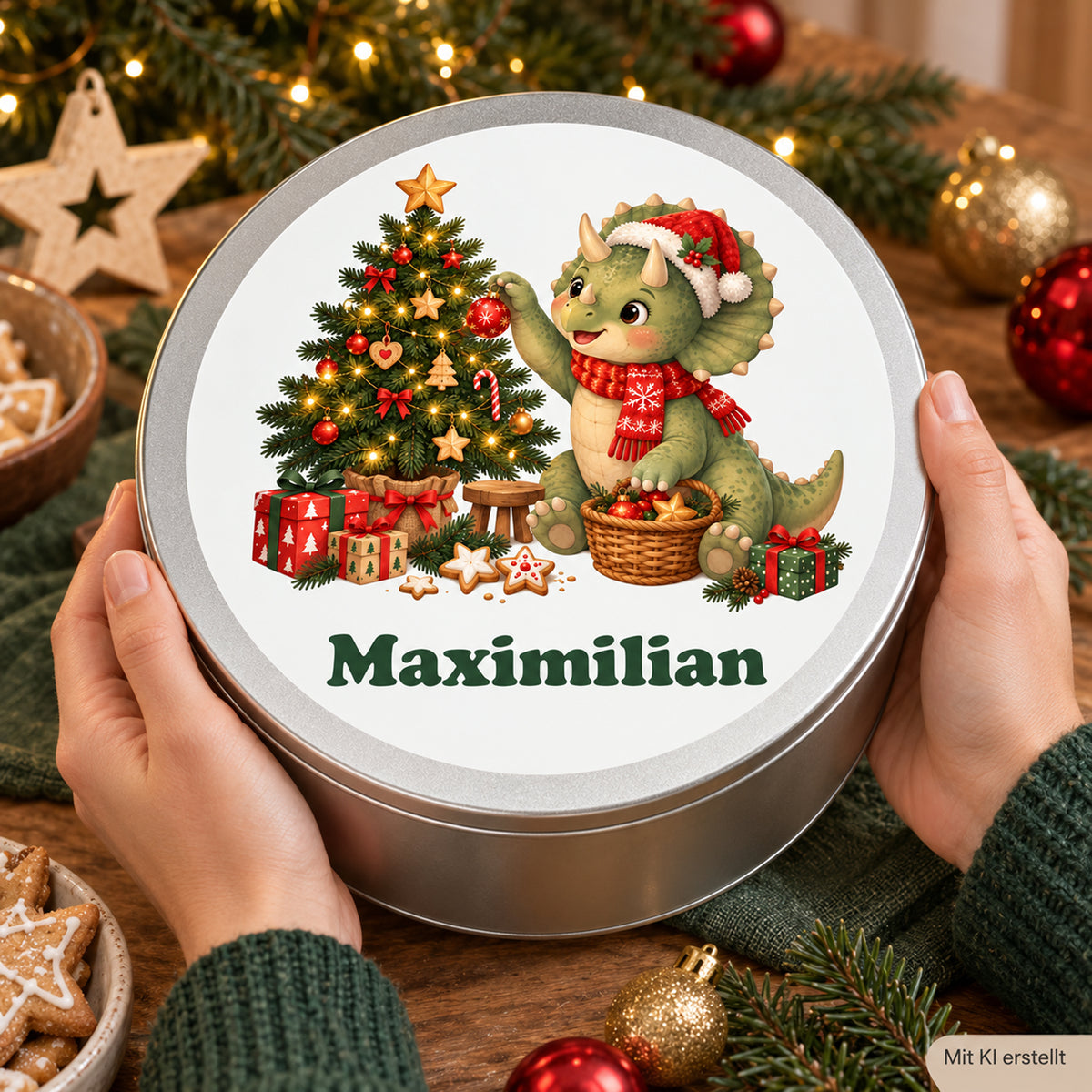 Personalisierte Weihnachtsdino-Keksdose – Baumschmücker, dose in händen zur größenorientierung