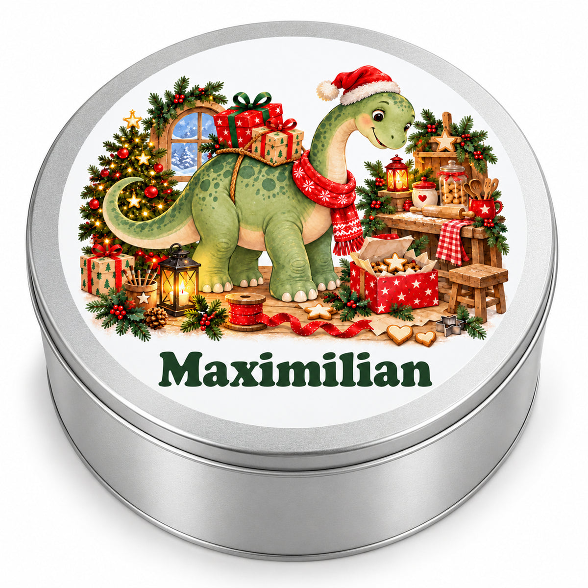 Personalisierte Weihnachtsdino-Keksdose – Geschenke-Langhals, produktansicht vor weißem hintergrund