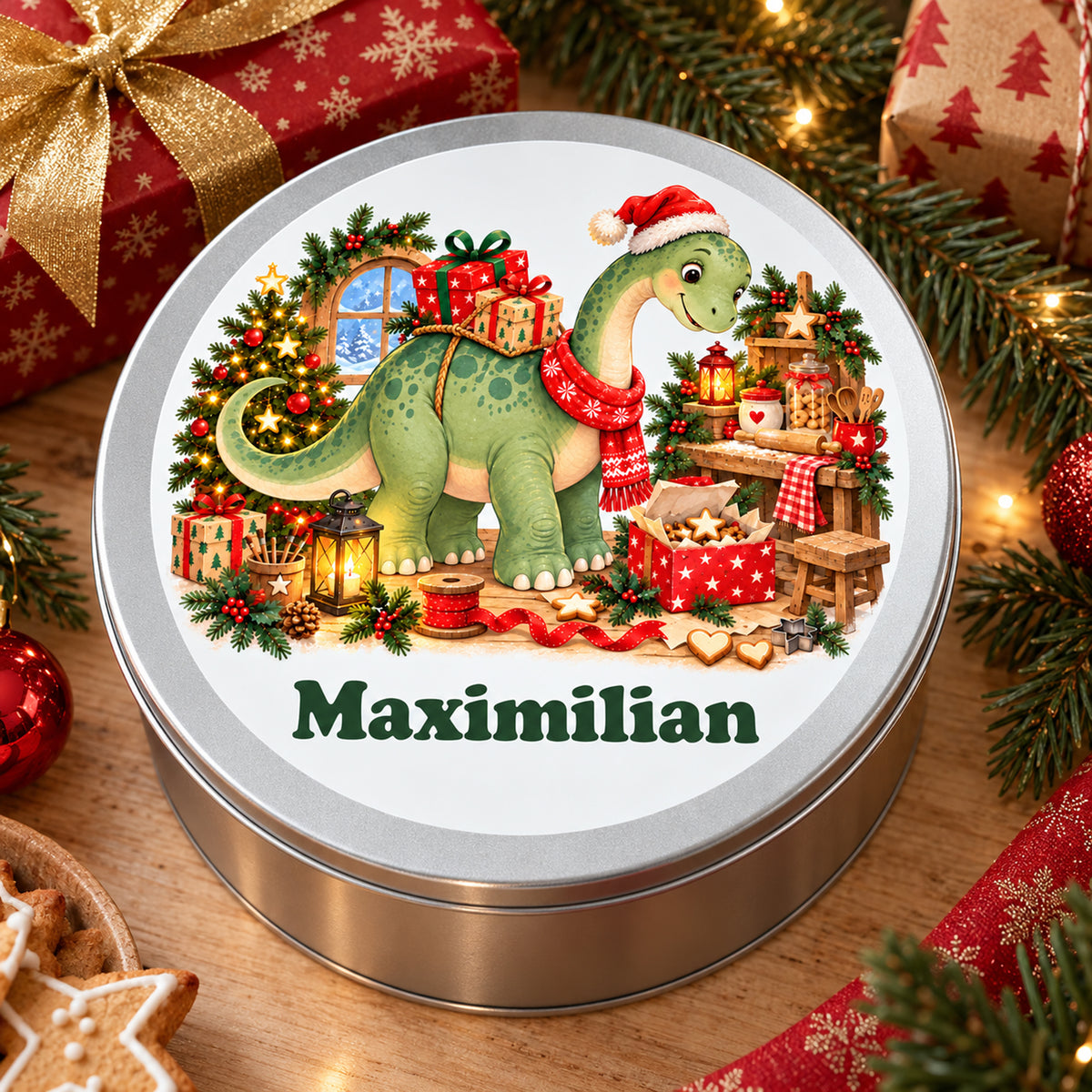 Personalisierte Weihnachtsdino-Keksdose – Geschenke-Langhals, nahaufnahme von motiv und deckel