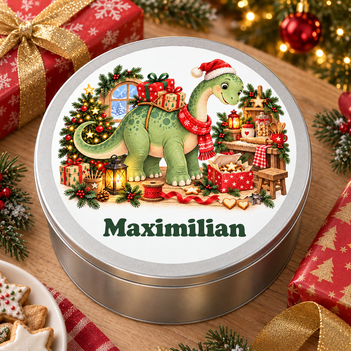 Personalisierte Weihnachtsdino-Keksdose – Geschenke-Langhals, weitere weihnachtliche ansicht von oben