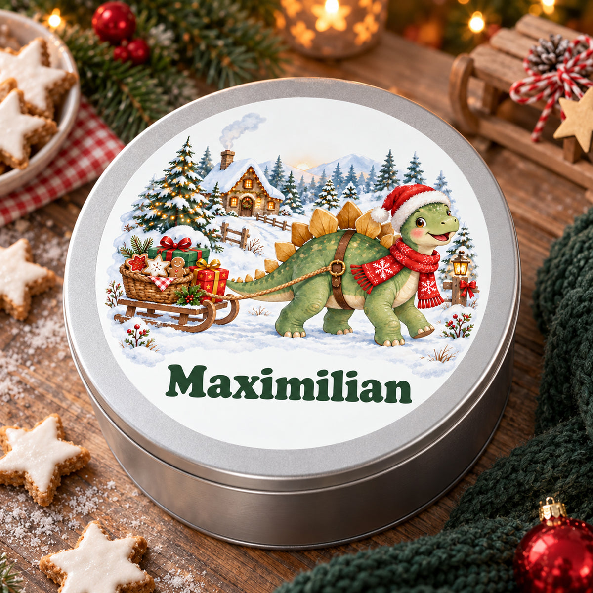 Personalisierte Weihnachtsdino-Keksdose – Keksschlitten, weitere weihnachtliche ansicht von oben