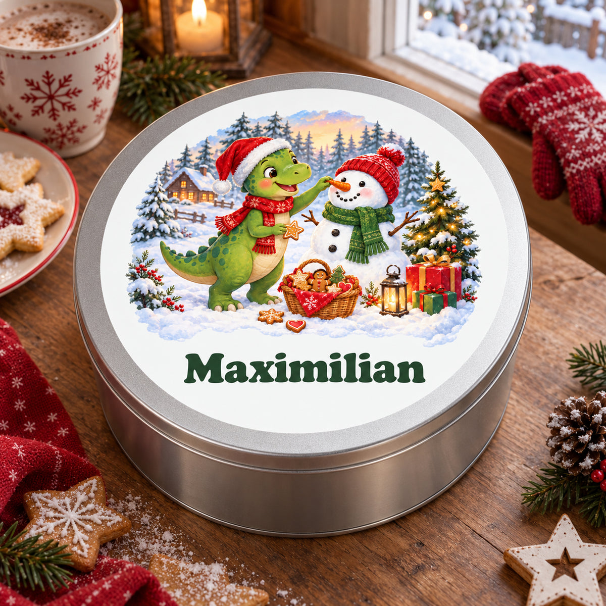 Personalisierte Weihnachtsdino-Keksdose – Dino und Schneemann, gemütliche szene am weihnachtstisch