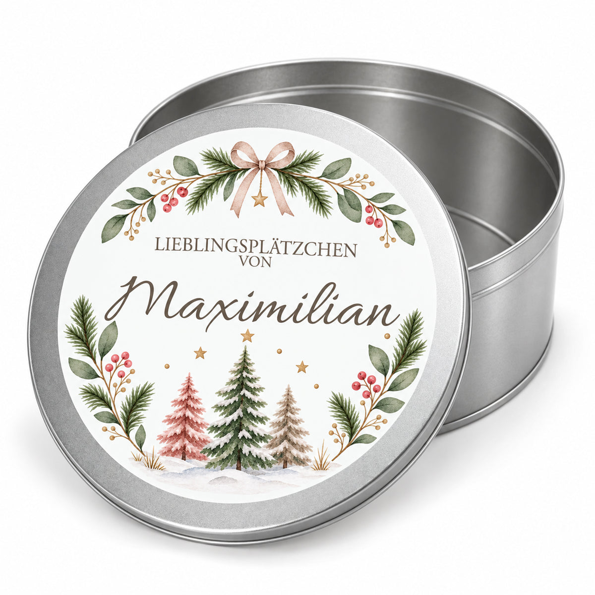Silberne Keksdose mit Pastell-Tannen-Weihnachtsmotiv, offenem Behälter und personalisiertem Deckel