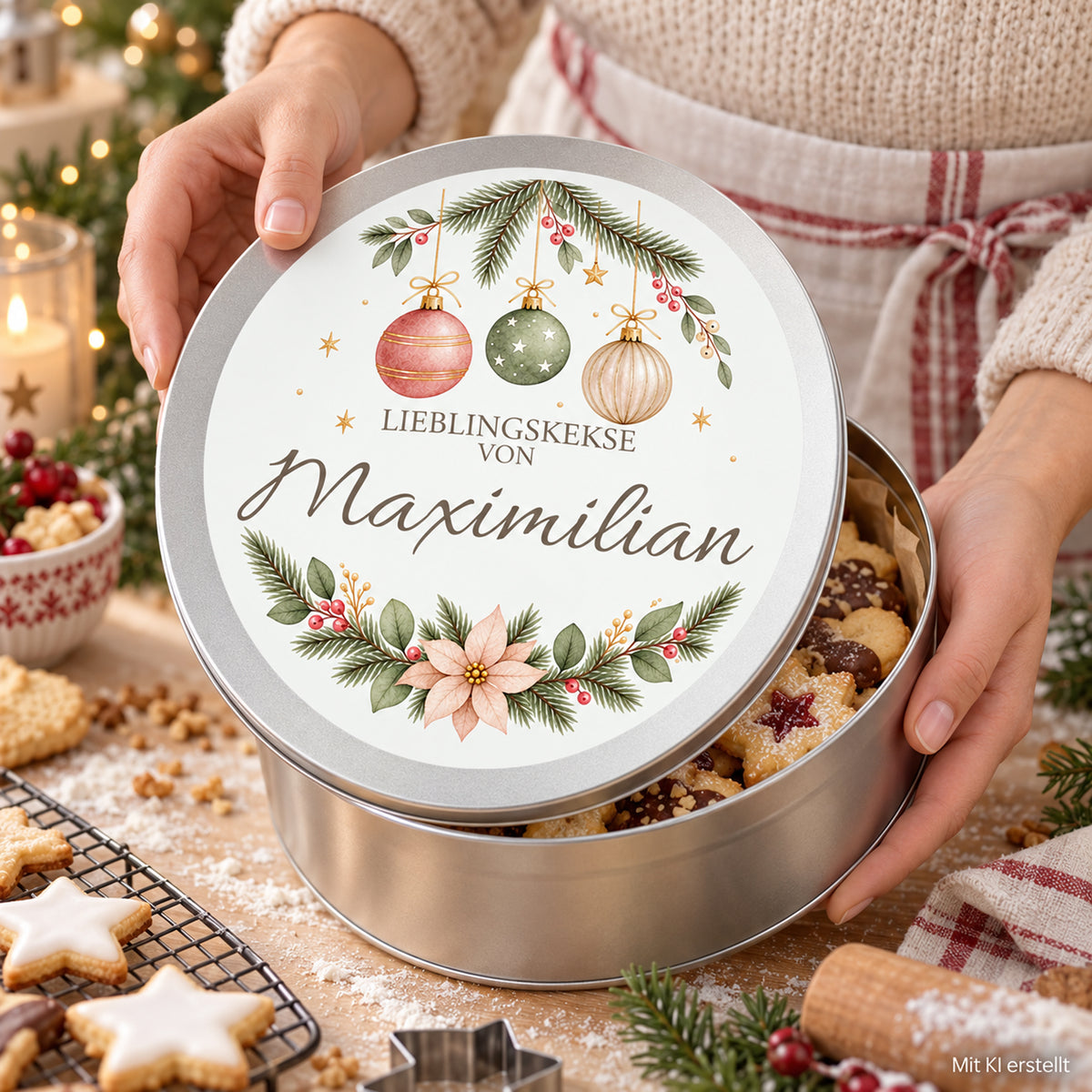 Hände zeigen die personalisierte Keksdose mit Zarte Weihnachtskugeln-Motiv an einem weihnachtlichen Backtisch
