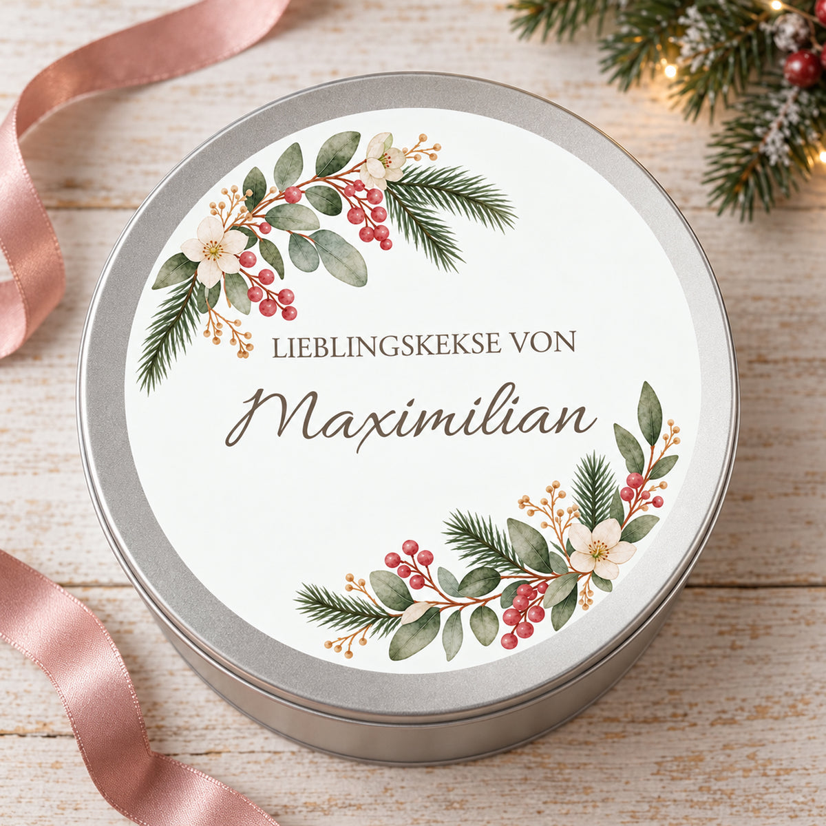Draufsicht auf den hellen Dosendeckel mit Winterbeeren-Motiv und Wunschname