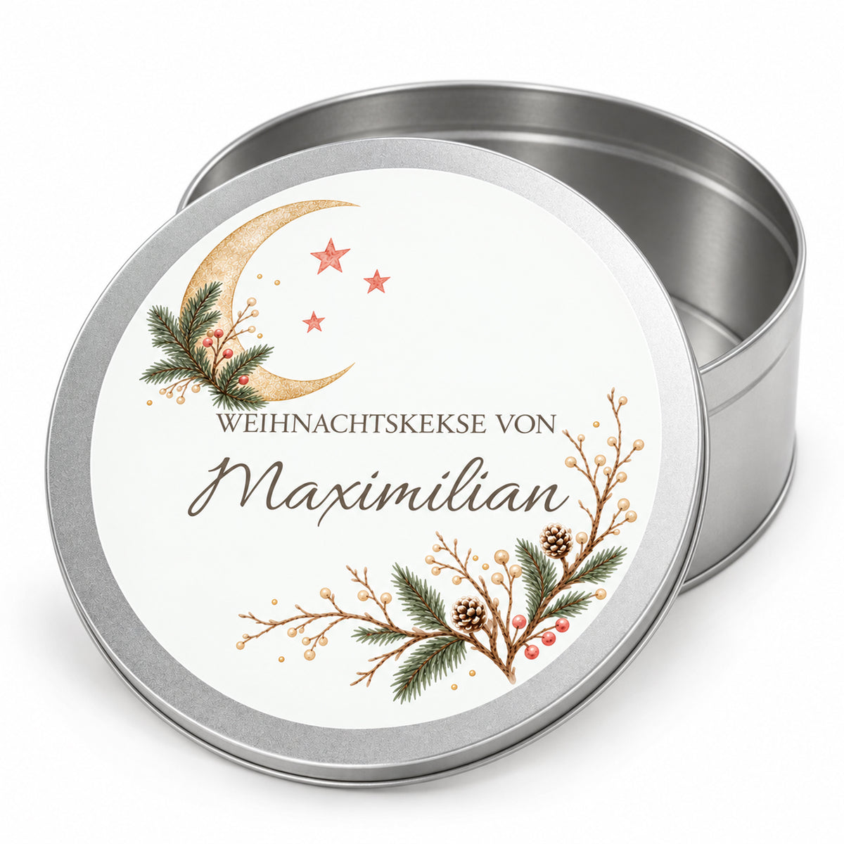 Silberne Keksdose mit Mond & Tannenspitzen-Weihnachtsmotiv, offenem Behälter und personalisiertem Deckel
