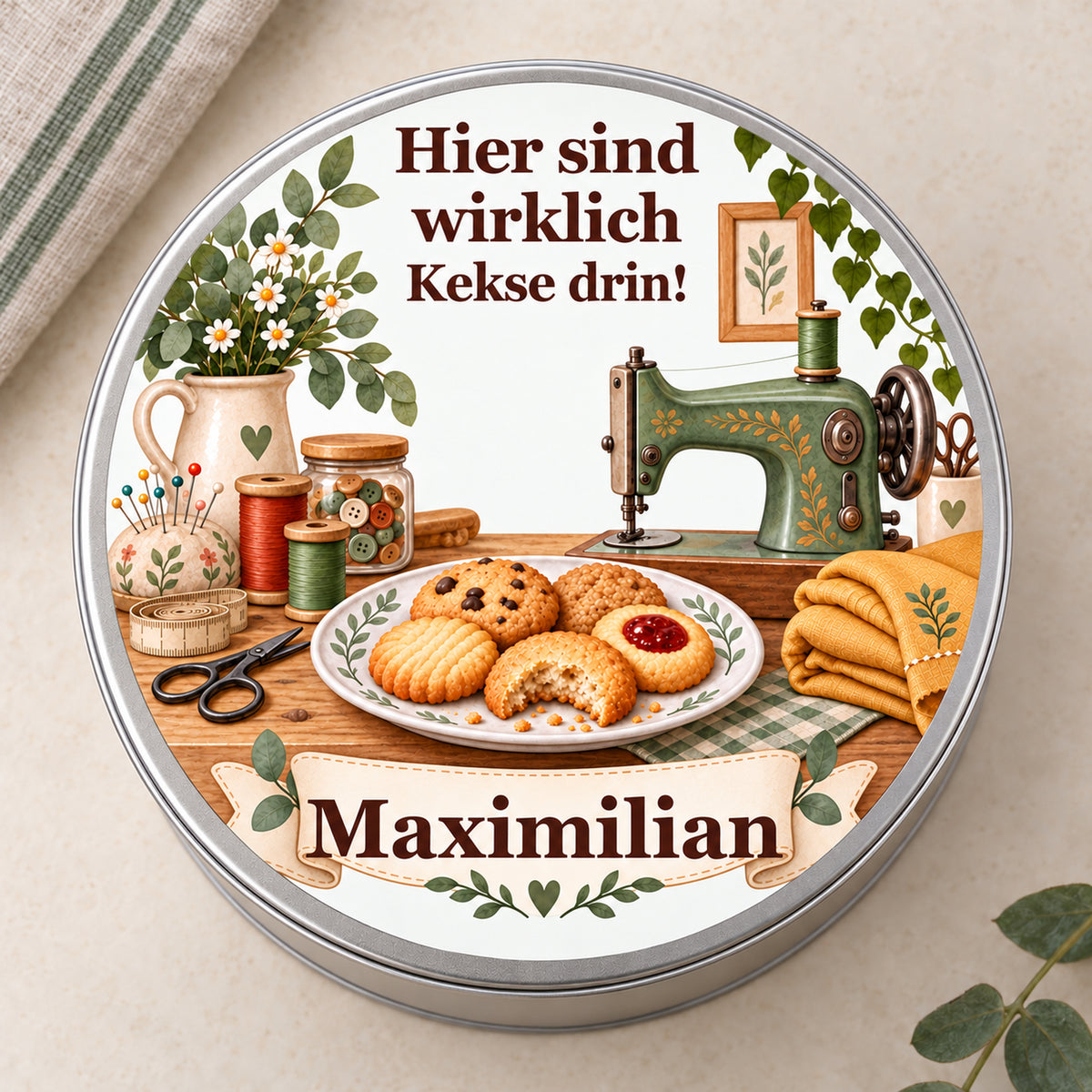 Keksdose mit grüner Nähmaschine und Wunschname, Deckel auf hellem Tisch