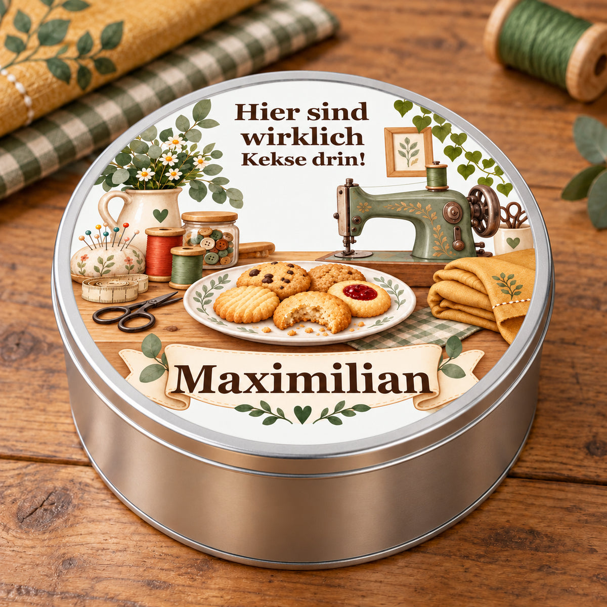 Keksdose mit grüner Nähmaschine und Wunschname schräg auf einem Holztisch