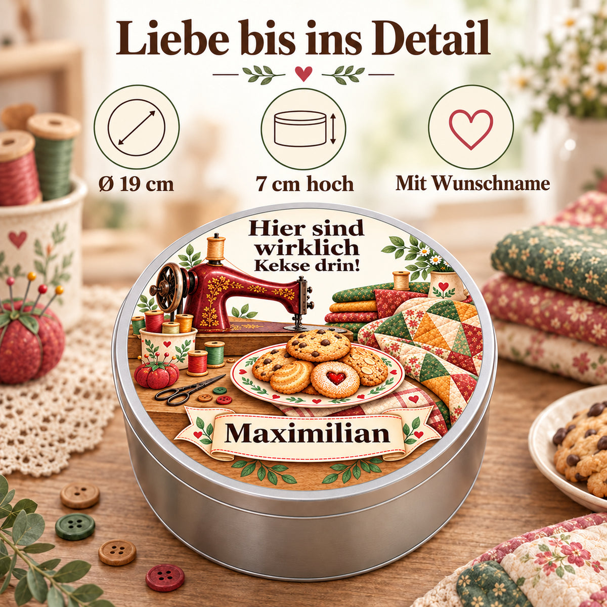 Keksdose mit Nähmaschine und Patchwork: Wunschname, 19 cm Durchmesser und 7 cm Höhe