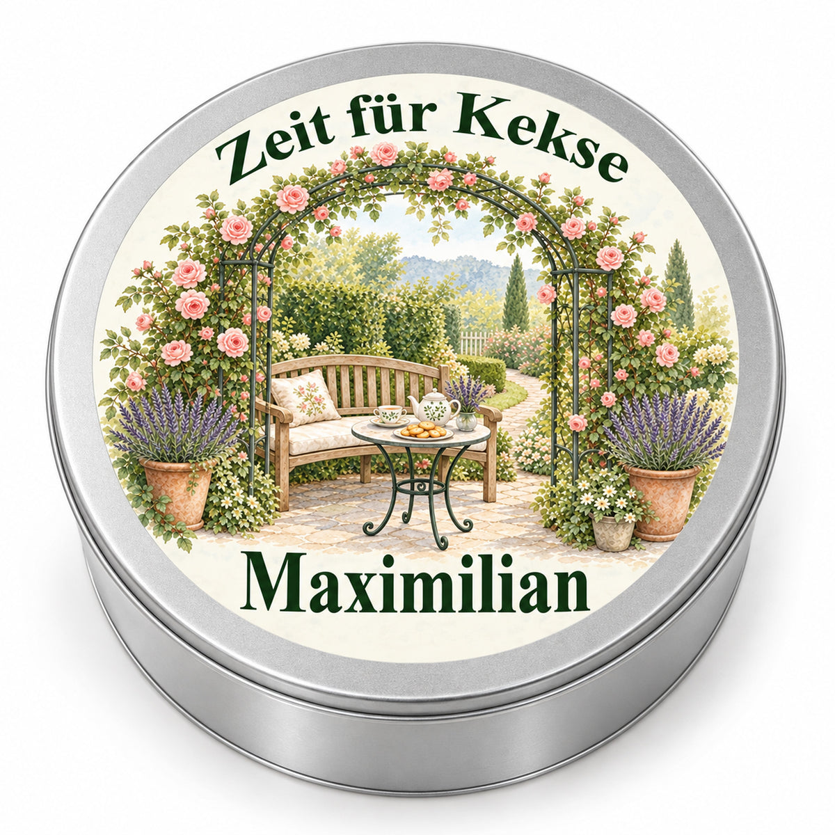 Geschlossene silberne Keksdose mit Gartenmotiv Pause unter dem Rosenbogen auf weißem Hintergrund