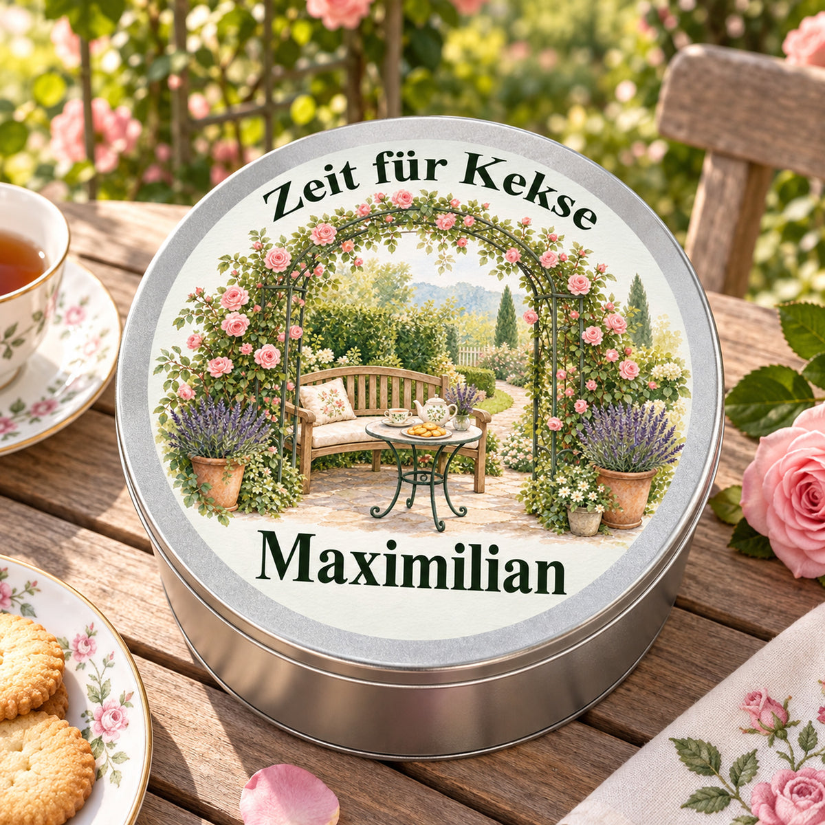 Draufsicht auf die personalisierte Keksdose mit Motiv Pause unter dem Rosenbogen auf einem Gartentisch