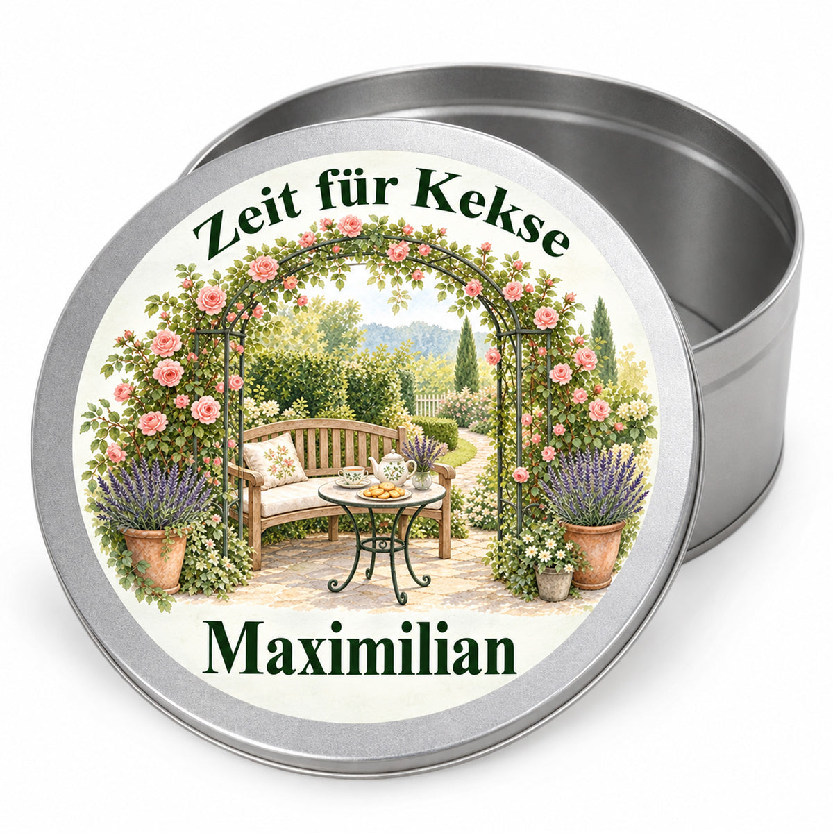 Nahansicht der Keksdose mit Motiv Pause unter dem Rosenbogen, bedrucktem Deckel und silberner Dose