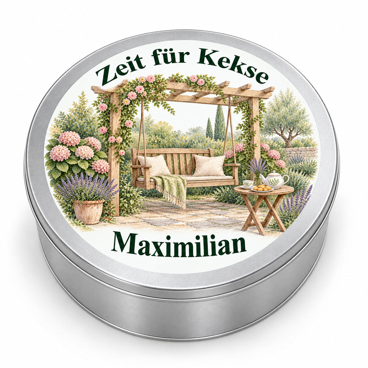 Geschlossene silberne Keksdose mit Gartenmotiv Gemütliche Gartenschaukel auf weißem Hintergrund
