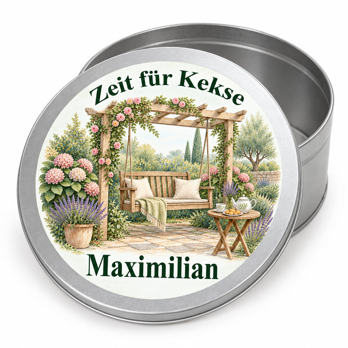 Nahansicht der Keksdose mit Motiv Gemütliche Gartenschaukel, bedrucktem Deckel und silberner Dose