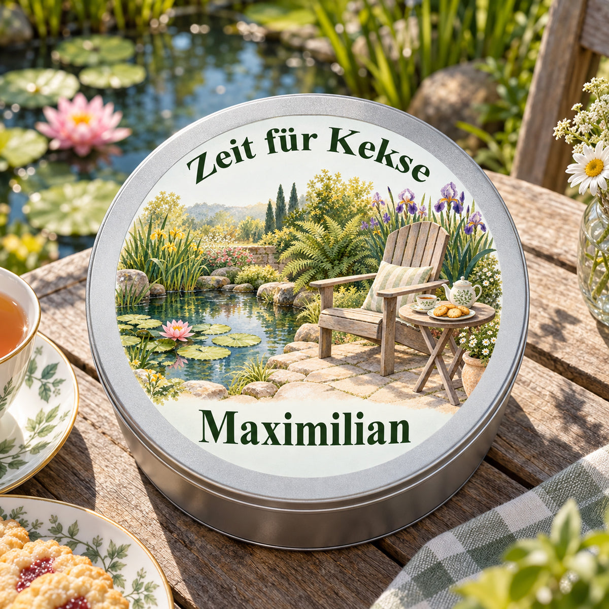Draufsicht auf die personalisierte Keksdose mit Motiv Kekspause am Gartenteich auf einem Gartentisch