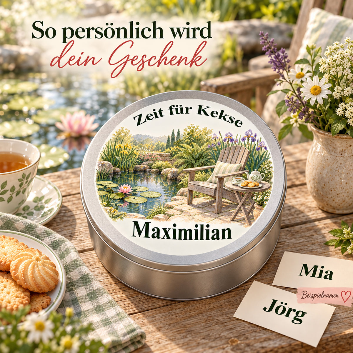 Personalisierte Keksdose mit Gartenmotiv Kekspause am Gartenteich und zwei Textkarten mit Beispielnamen