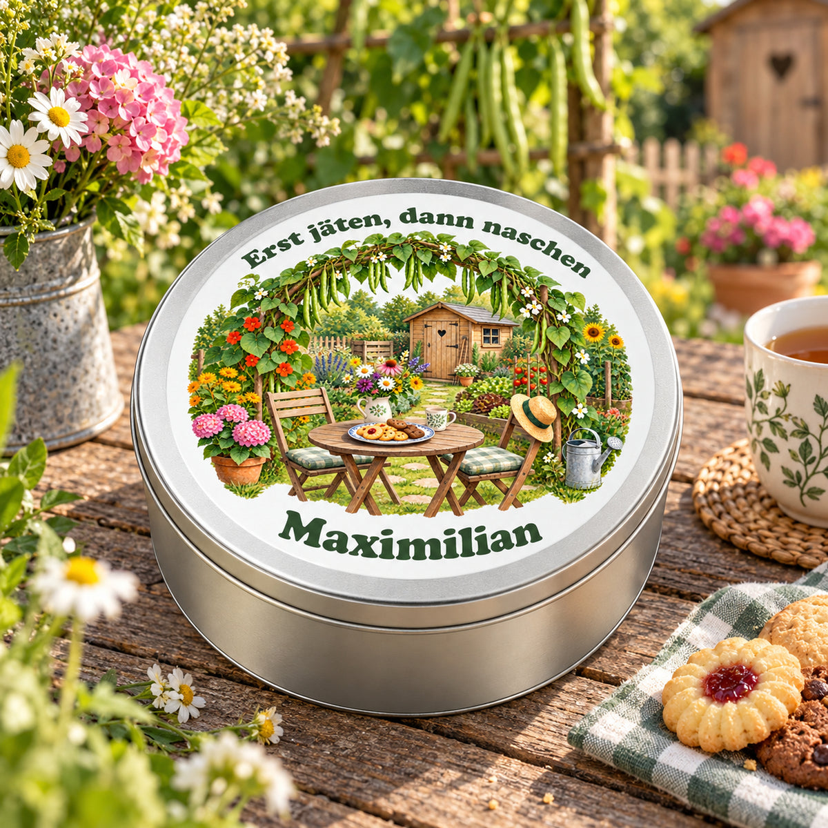 Keksdose mit Bohnenbogen auf einem Gartentisch neben Keksen und einer Tasse.