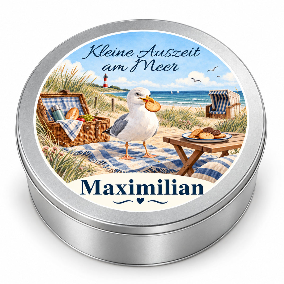 Silberne Keksdose mit personalisiertem Deckel und maritimem Dünenpicknick-Motiv