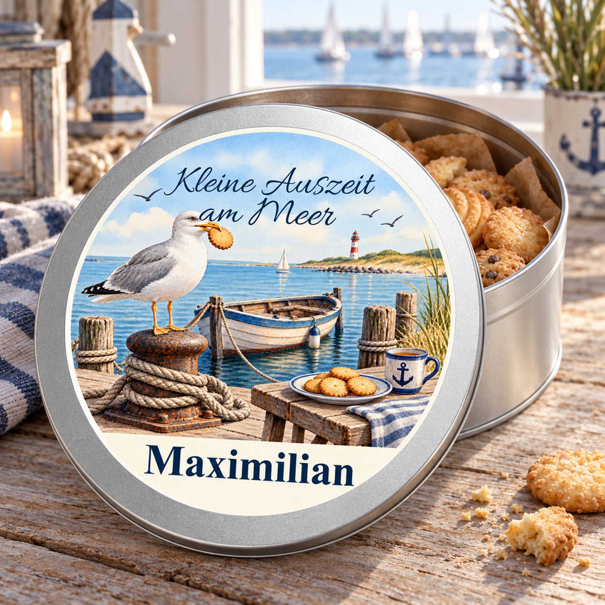 Offene Keksdose mit Keksen und bedrucktem Deckel mit dem Motiv Hafen-Keks-Kapitän