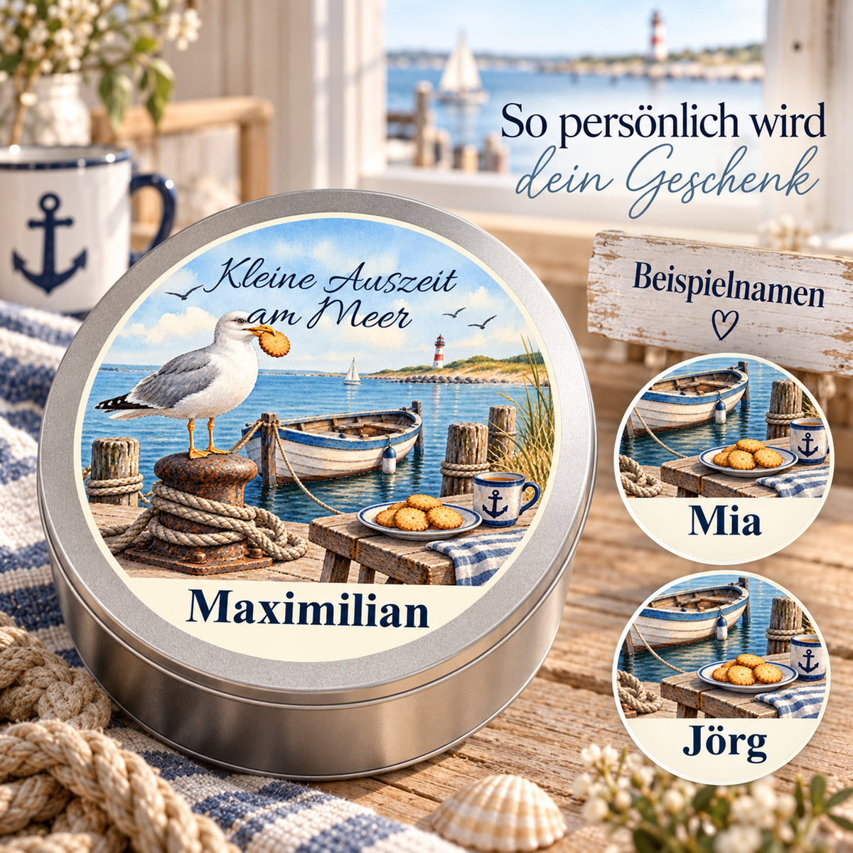 Keksdose mit dem Motiv Hafen-Keks-Kapitän mit Wunschname und zusätzlichen Namensbeispielen