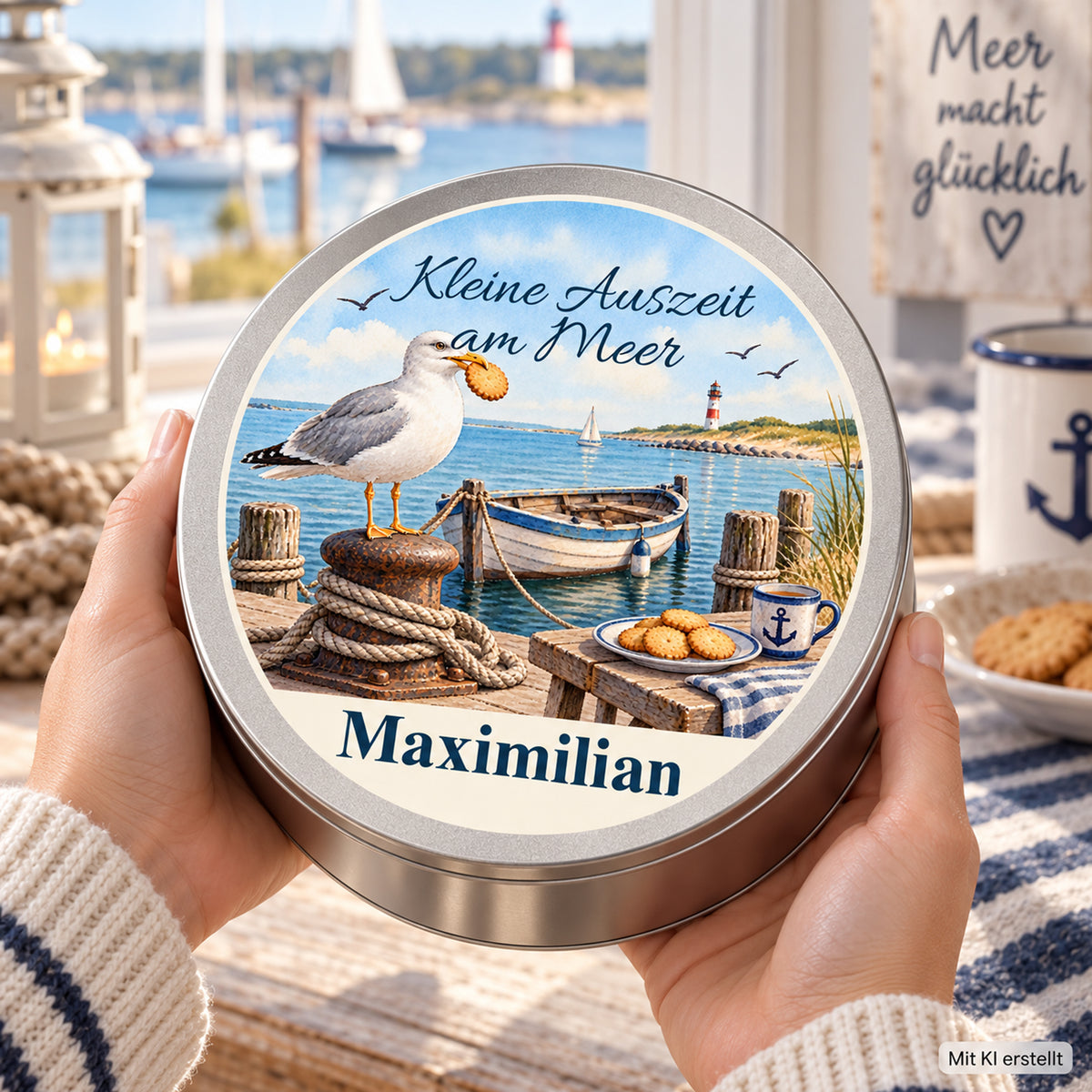 Hände zeigen die personalisierte Keksdose mit Hafen-Keks-Kapitän-Motiv in maritimer Umgebung