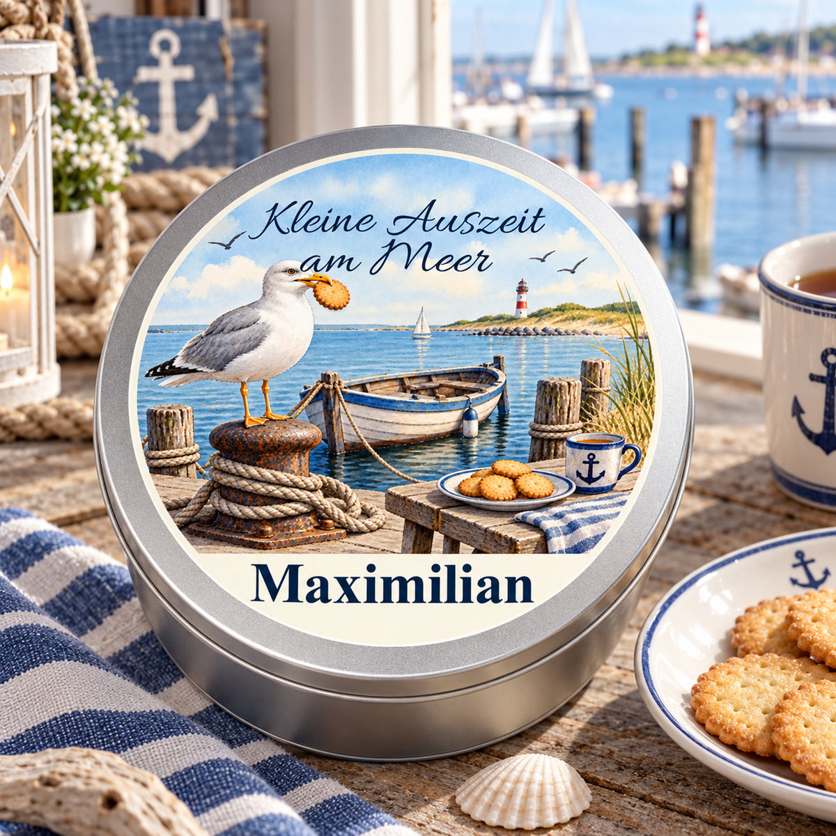 Maritime Keksdose mit Hafen-Keks-Kapitän-Motiv als Geschenkidee für Küstenfans
