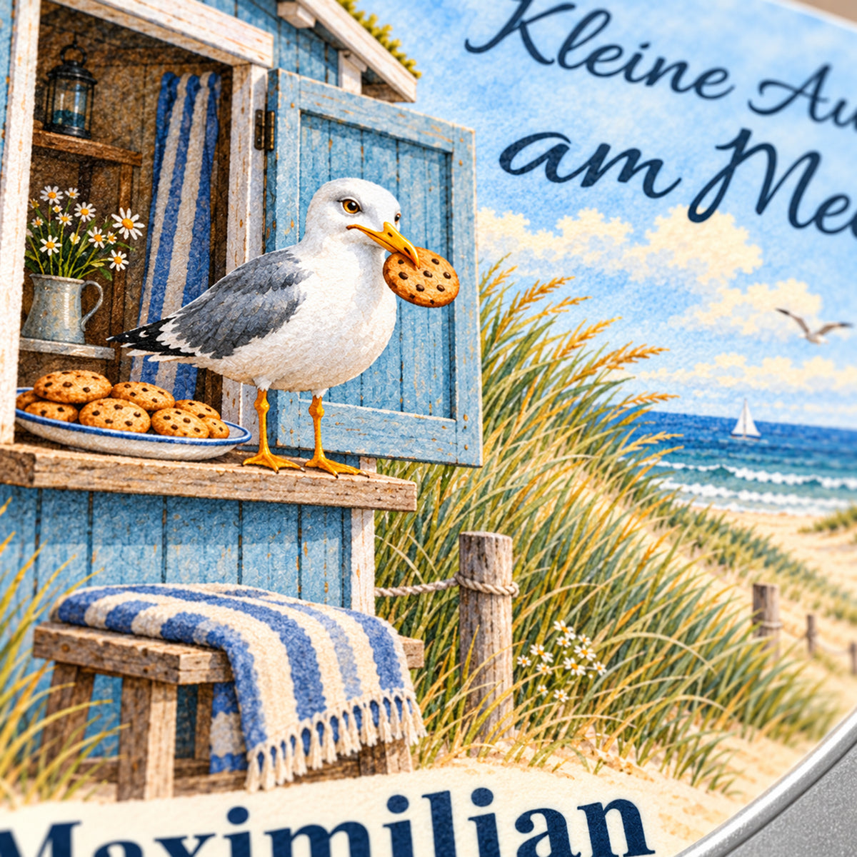 Detail des gedruckten Küstenmotivs Strandhäuschen-Kekspause und des metallischen Deckelrands
