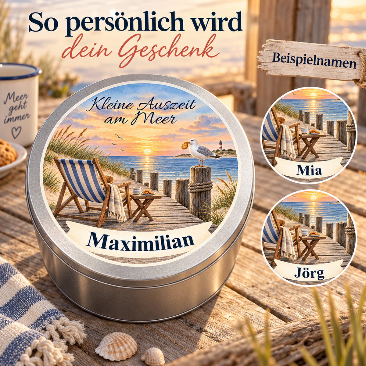 Keksdose mit dem Motiv Abendpause am Steg mit Wunschname und zusätzlichen Namensbeispielen