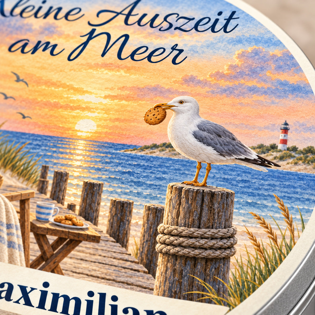 Detail des gedruckten Küstenmotivs Abendpause am Steg und des metallischen Deckelrands
