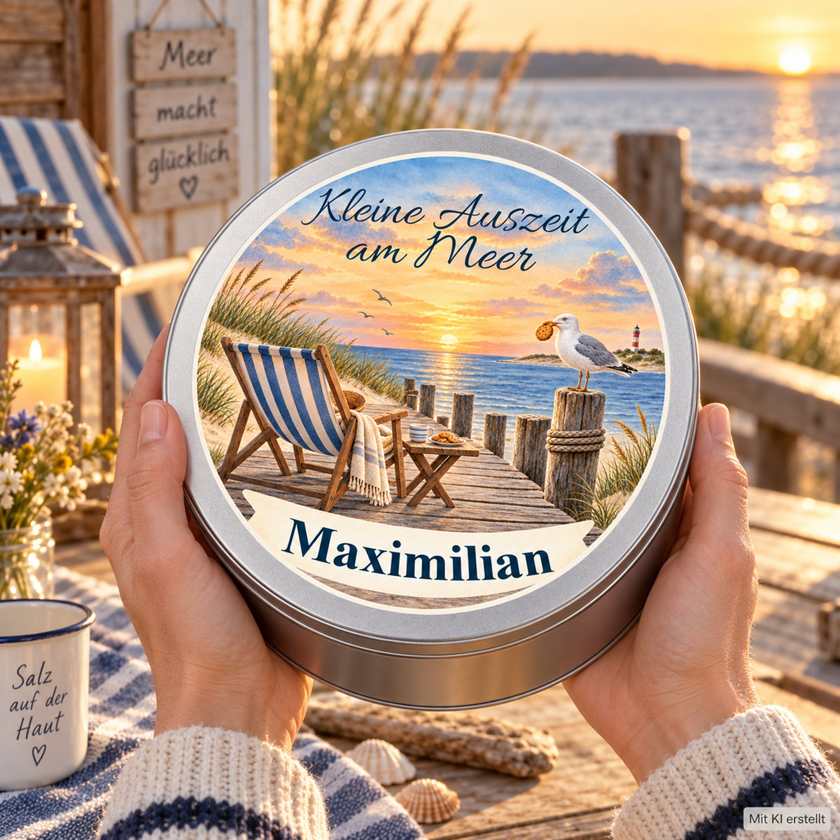 Hände zeigen die personalisierte Keksdose mit Abendpause am Steg-Motiv in maritimer Umgebung