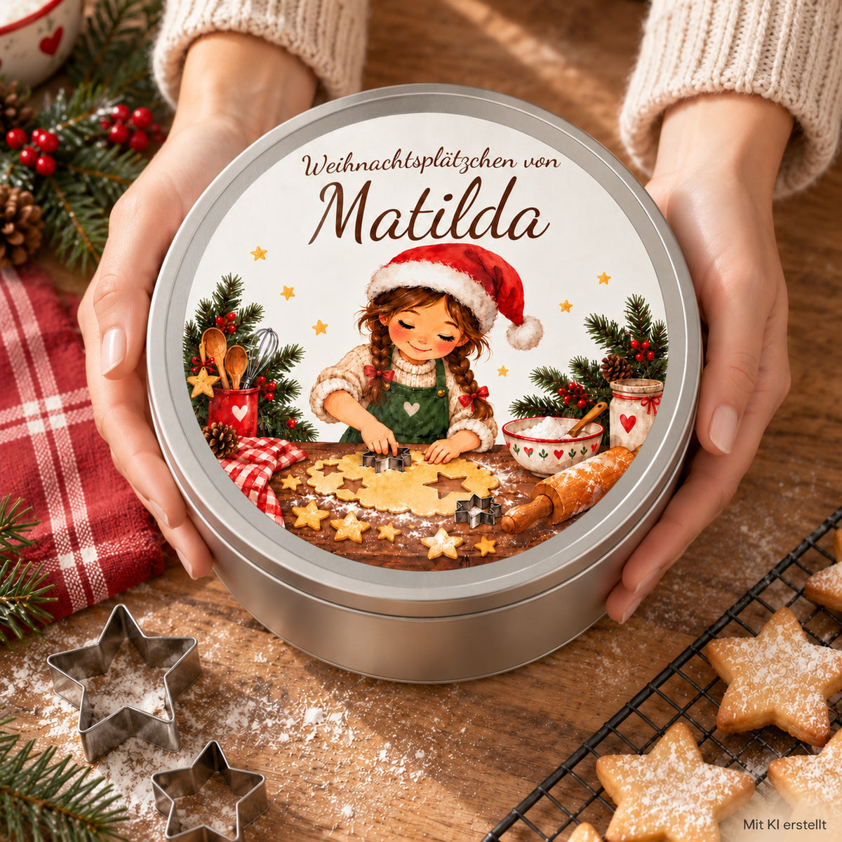 Hände halten eine silberne Keksdose mit Weihnachtsbäckerin und Wunschname über einem weihnachtlichen Backtisch.