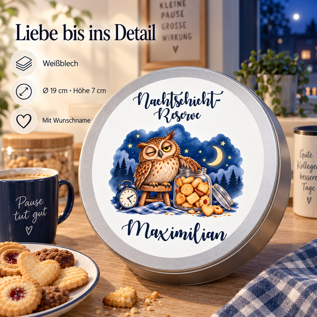 Keksdose Nachtschicht-Reserve – Kekswache: Produktdetails zu Weißblech, 19 cm Durchmesser, 7 cm Höhe und Wunschname