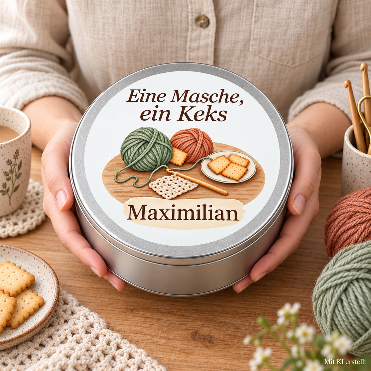 Erwachsene Hände halten die Keksdose mit Häkelmotiv und Namensfeld; Hinweis „Mit KI erstellt“.