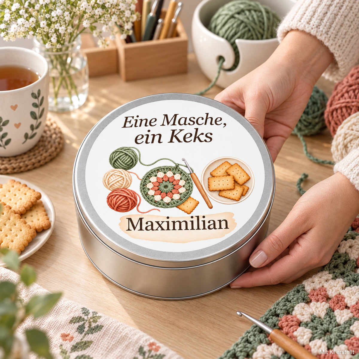 Erwachsene Hände halten die Keksdose mit Häkelmotiv und Namensfeld; Hinweis „Mit KI erstellt“.