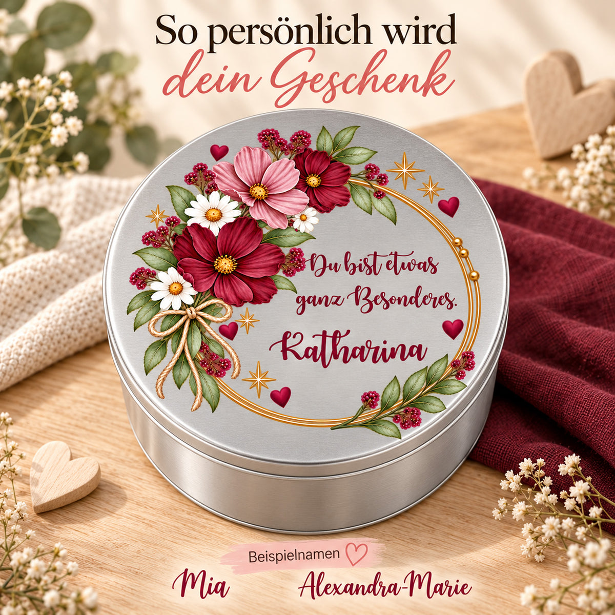 Personalisierte Blumen-Keksdose mit zwei weiteren Namensbeispielen – Motiv „Ganz Besonderes“