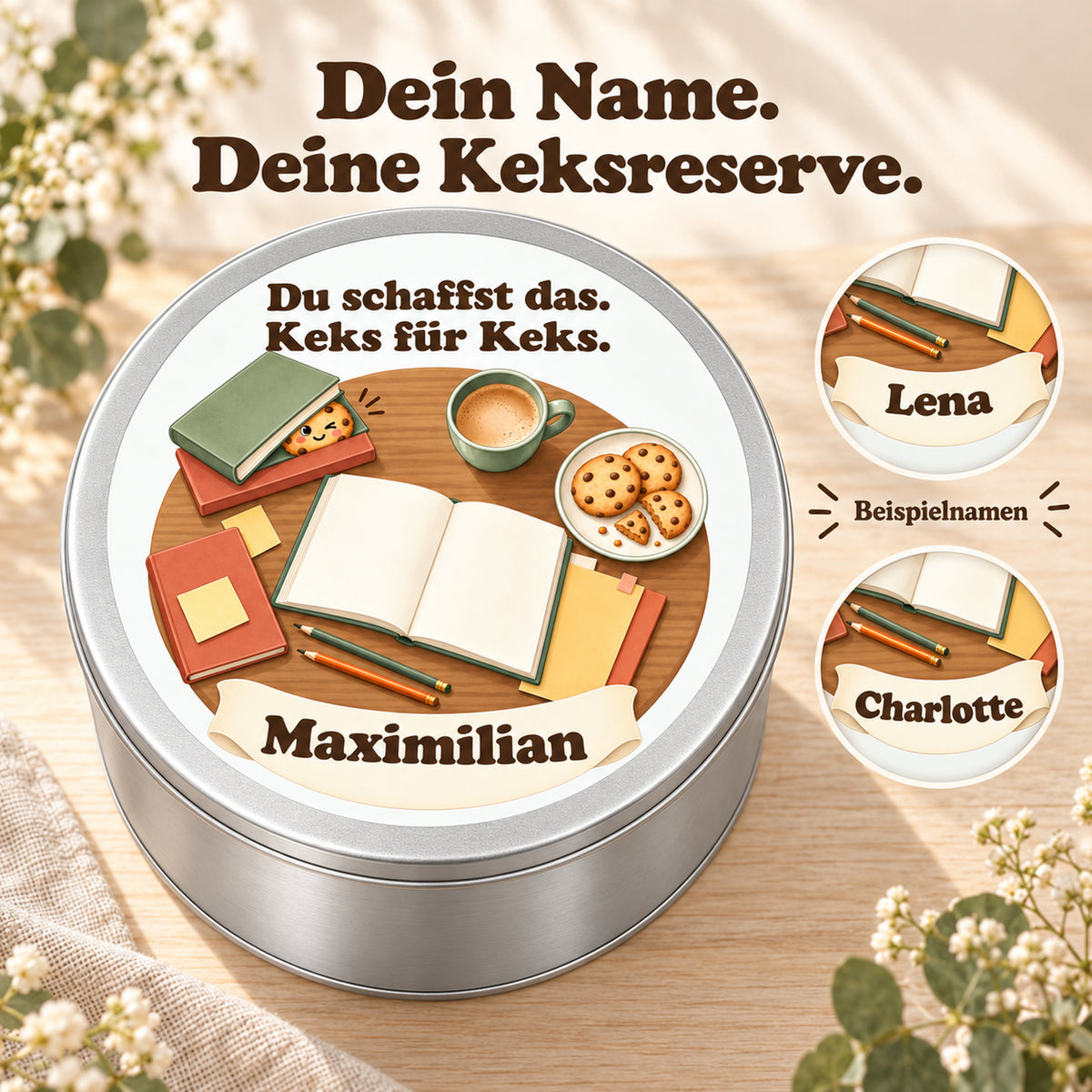 Namenspersonalisierung auf dem Deckel der Keksdose Lernplan von oben mit verschiedenen Beispielnamen