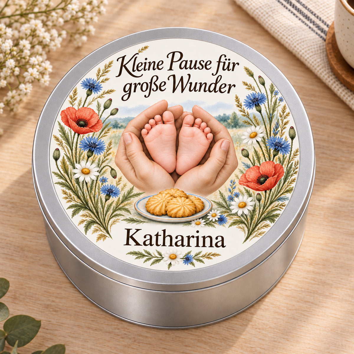 Schräge Ansicht der runden Keksdose mit silbernem Dosenkörper und bedrucktem Wiesenblüten-Deckel