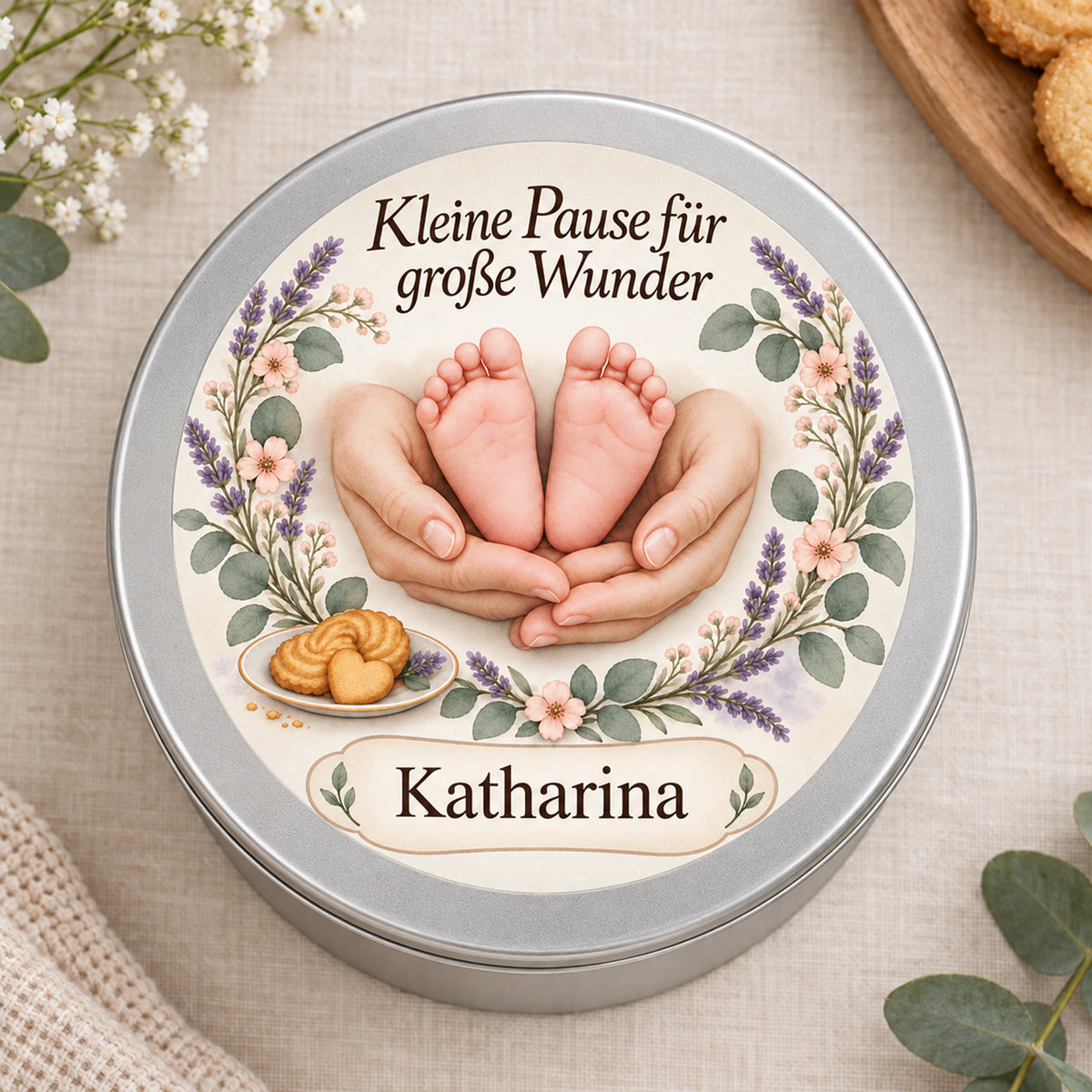 Draufsicht auf die Keksdose mit Babyfüßen, Blumen und Wunschname im Motiv Lavendelherz