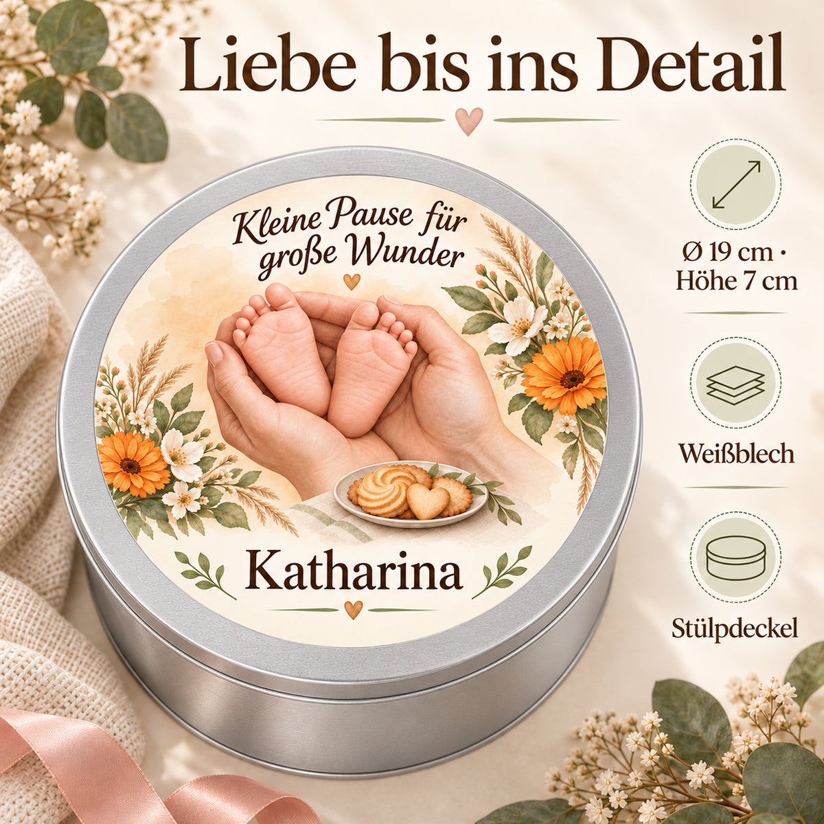 Keksdose im Motiv Goldene Blütenruhe mit Angaben zu Durchmesser, Höhe, Weißblech und Stülpdeckel