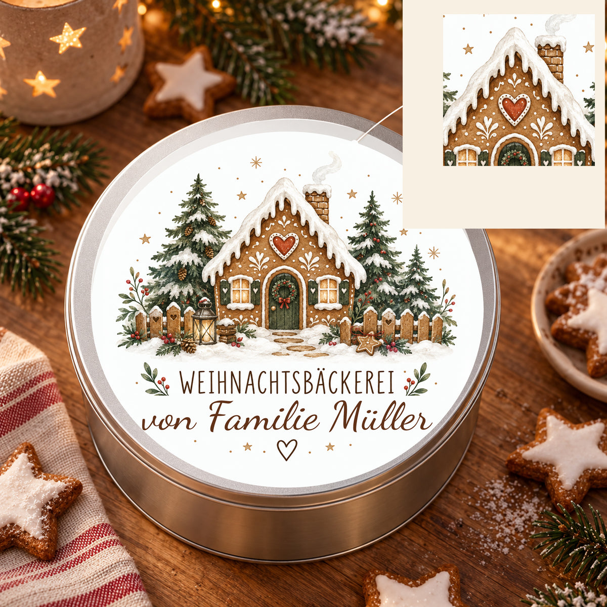 Keksdose Waldhäuschen in weihnachtlicher Umgebung mit vergrößertem Ausschnitt des Druckmotivs.