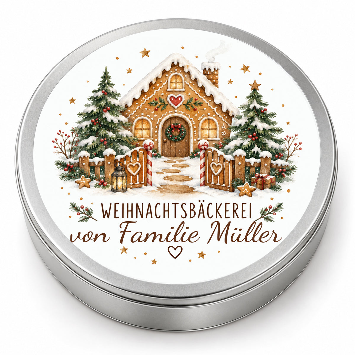 Runde silberne Keksdose mit Weihnachtsbäckerei-Motiv Zuckerstangentor und personalisierter Textzeile auf dem Deckel.