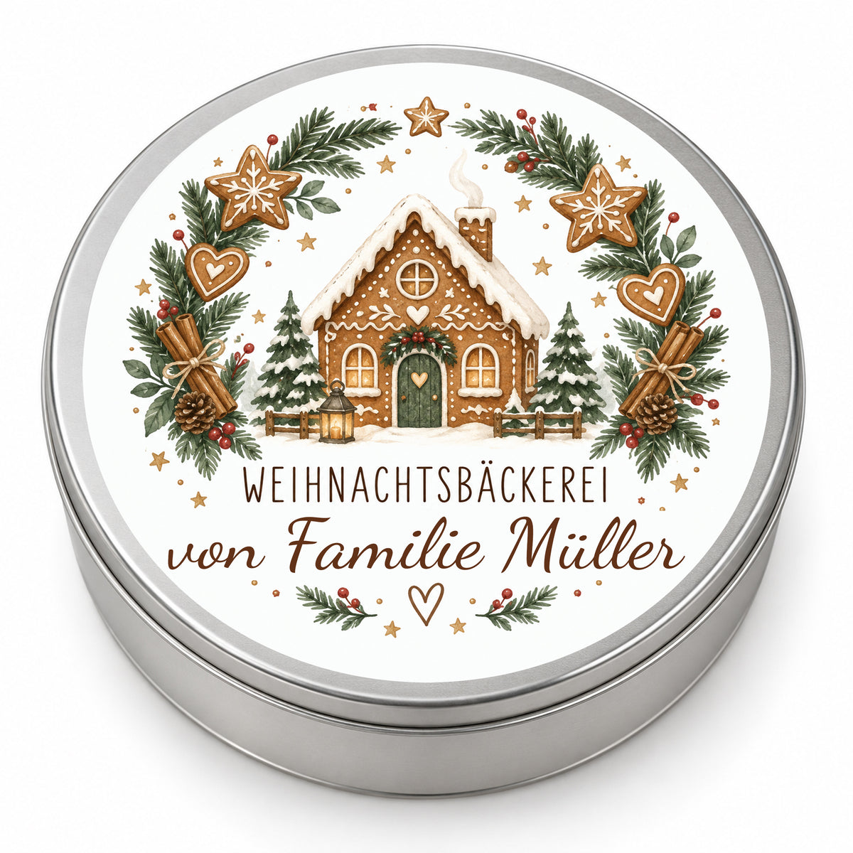 Runde silberne Keksdose mit Weihnachtsbäckerei-Motiv Plätzchenkranz und personalisierter Textzeile auf dem Deckel.
