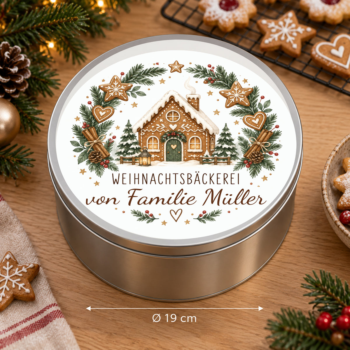 Personalisierte Keksdose Plätzchenkranz mit Größenangaben: 19 cm Durchmesser und 7 cm Höhe.