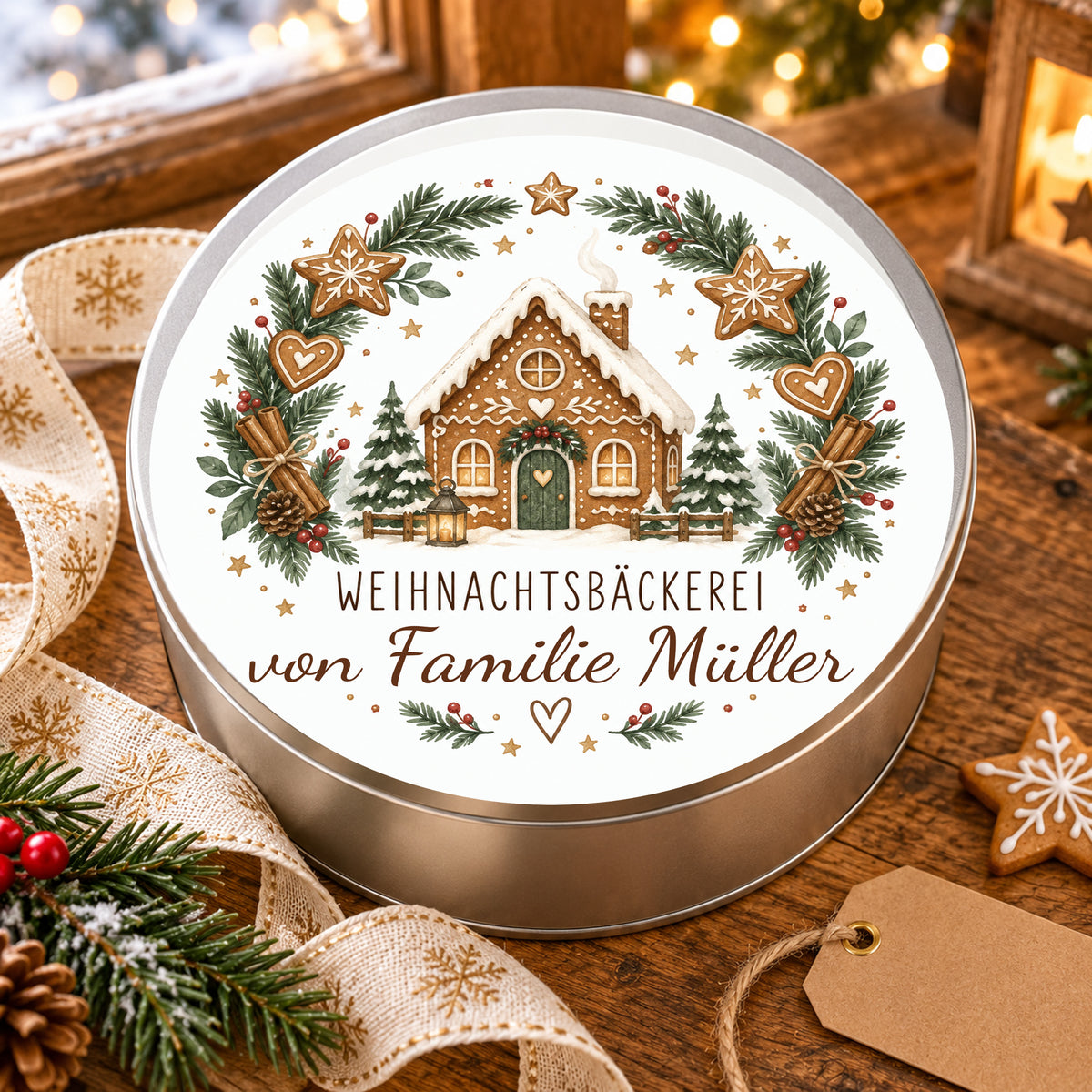 Personalisierte Keksdose Plätzchenkranz als weihnachtliche Geschenkidee mit Gebäck und Dekoration.
