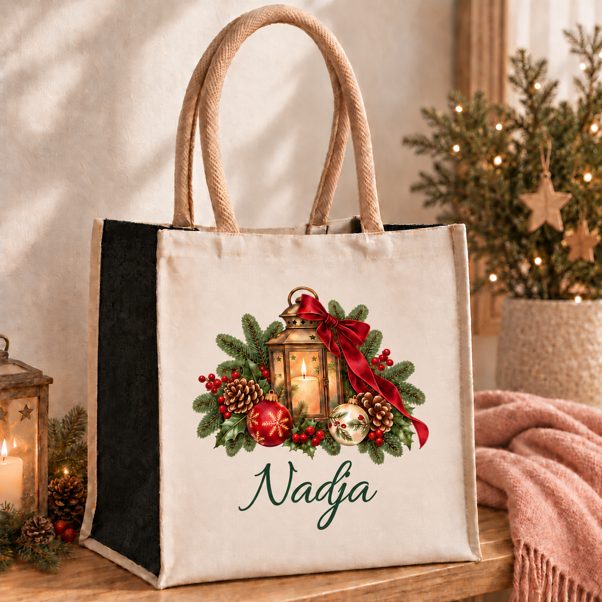 Weihnachtliche Einkaufstasche mit Winterlaterne-Motiv und Namenszug auf einer Holzbank